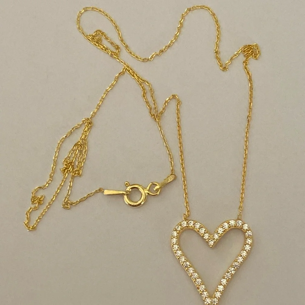 💖925 Silver necklace heart love cz stones 18k yellow gold plated